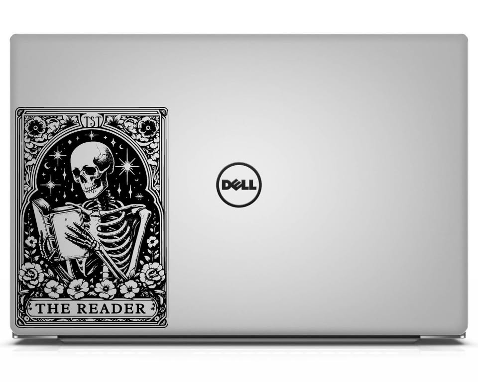 “The Reader” Skeleton Vinyl Sticker – Gothic Tarot-Inspired Book Lover Decal