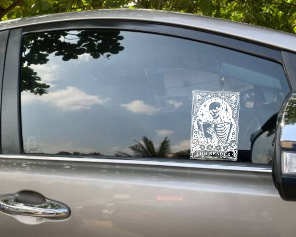 “The Reader” Skeleton Vinyl Sticker – Gothic Tarot-Inspired Book Lover Decal