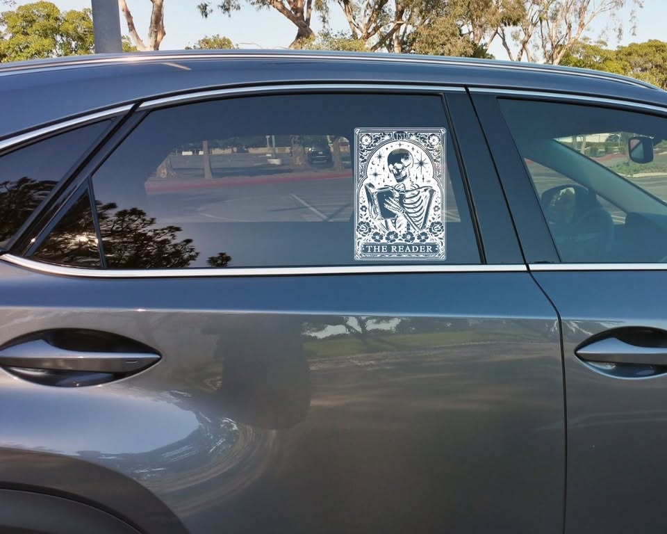 “The Reader” Skeleton Vinyl Sticker – Gothic Tarot-Inspired Book Lover Decal