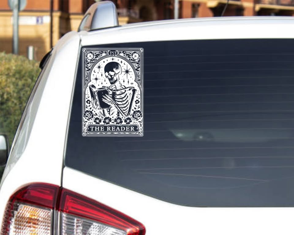 “The Reader” Skeleton Vinyl Sticker – Gothic Tarot-Inspired Book Lover Decal