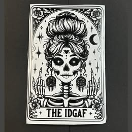 "THE IDGAF" Skeleton Messy Bun Tarot Card Vinyl Decal - Gothic Attitude Sticker