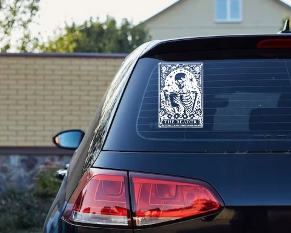 “The Reader” Skeleton Vinyl Sticker – Gothic Tarot-Inspired Book Lover Decal