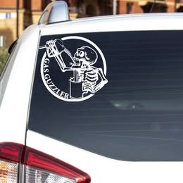 "GAS GUZZLER" Skeleton with Gas Can Vinyl Decal - Funny Car Sticker