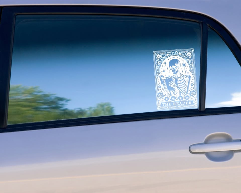 “The Reader” Skeleton Vinyl Sticker – Gothic Tarot-Inspired Book Lover Decal