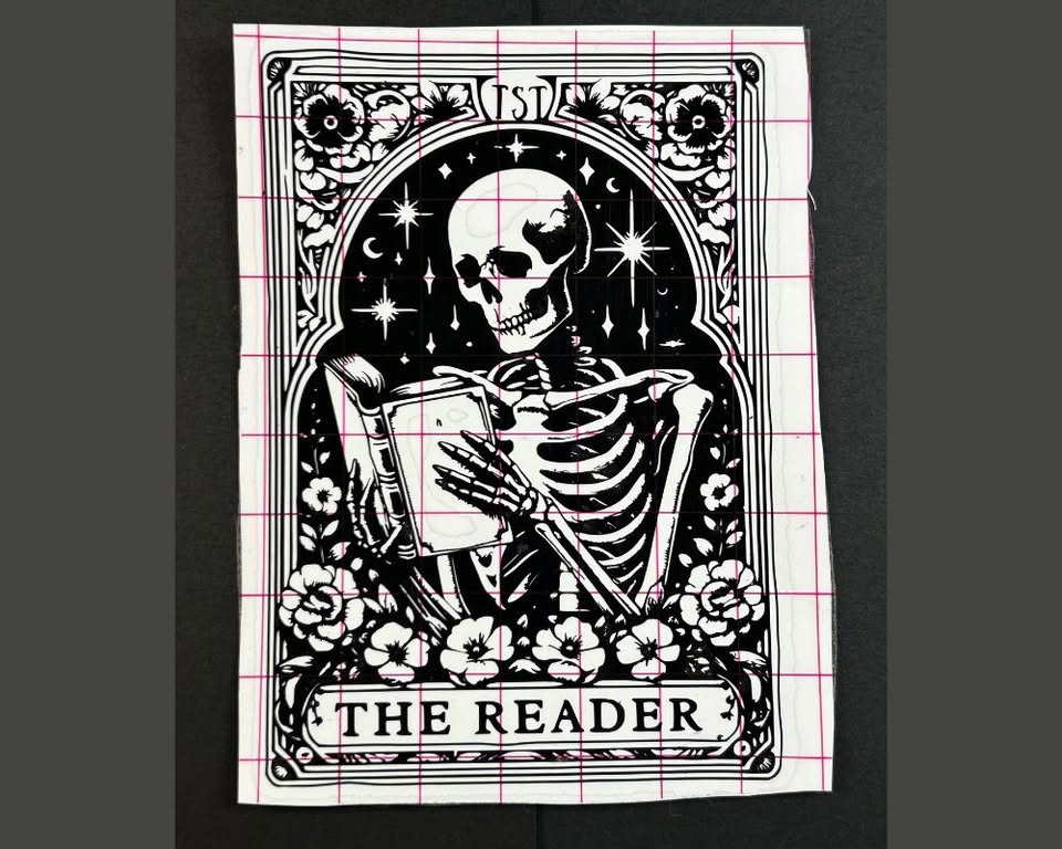 “The Reader” Skeleton Vinyl Sticker – Gothic Tarot-Inspired Book Lover Decal
