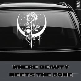 Skull & Rose Crescent Moon Vinyl Decal – Handmade Dark Romance Sticker