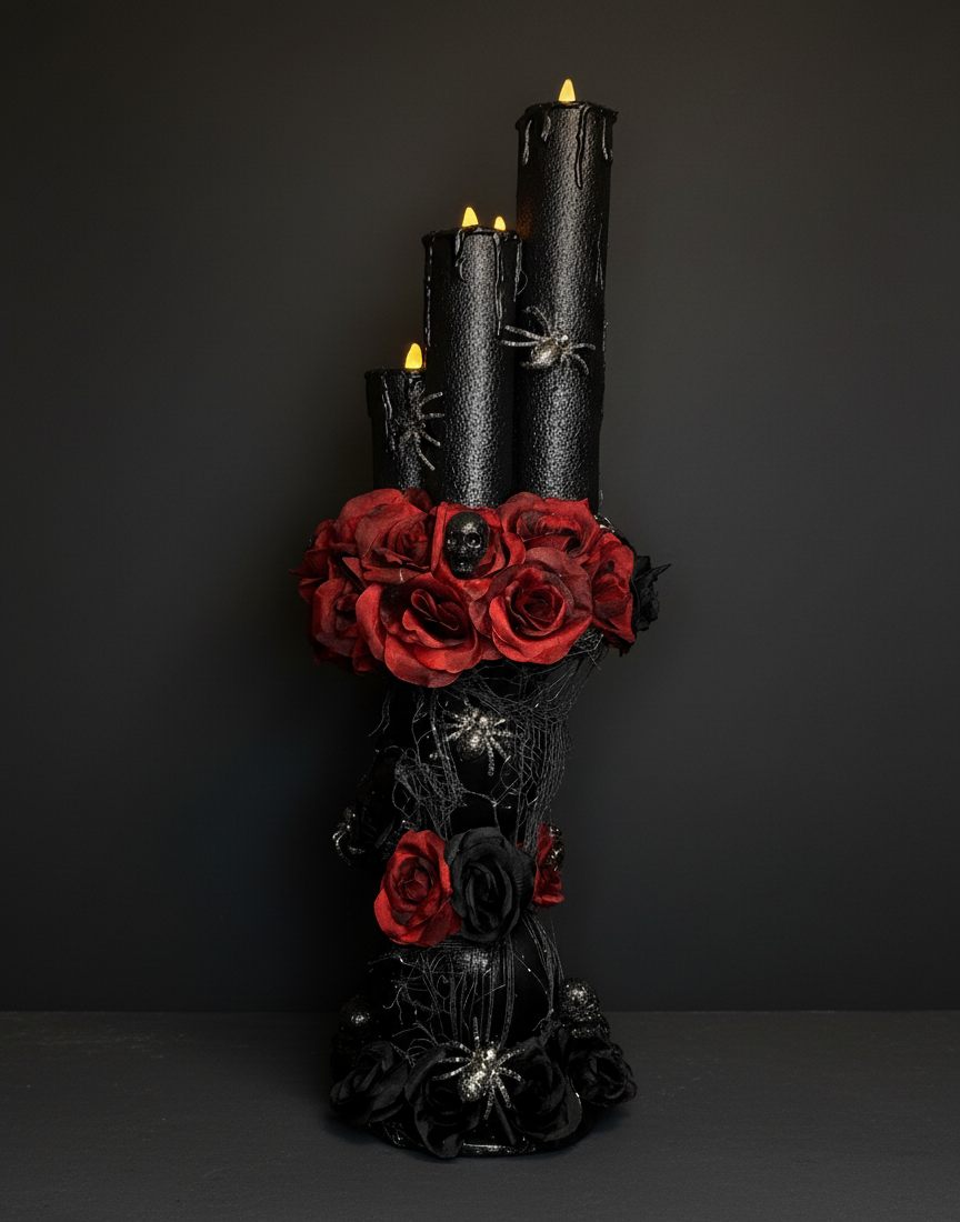 Gothic Skull and Rose Black Flickering Candle Centerpiece