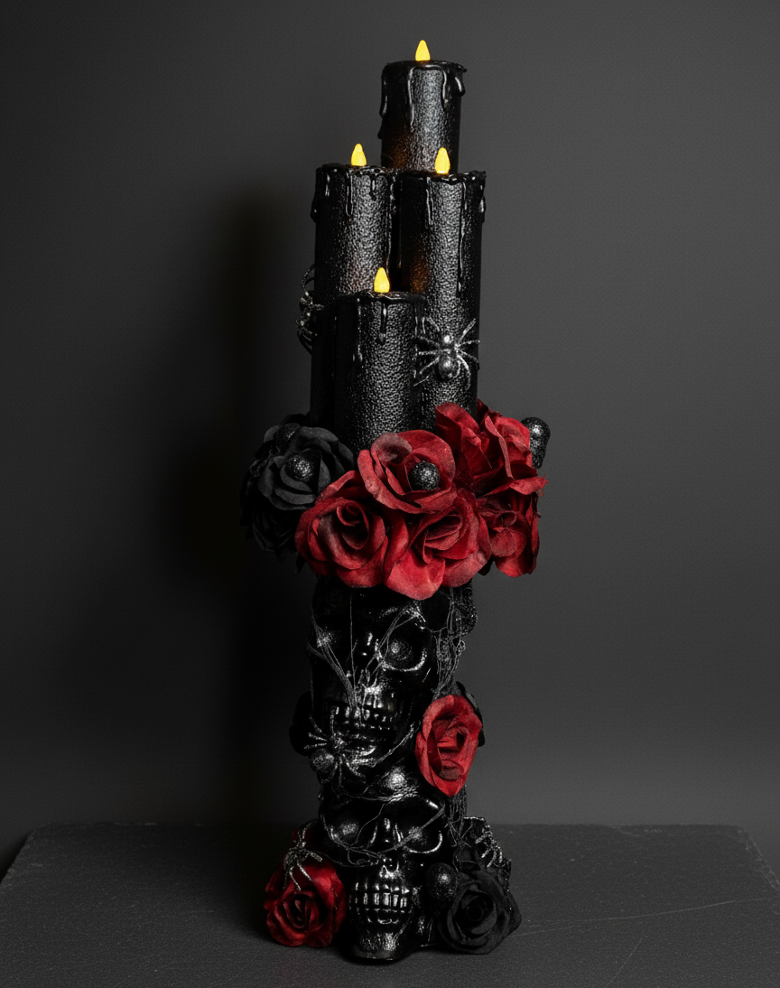 Gothic Skull and Rose Black Flickering Candle Centerpiece