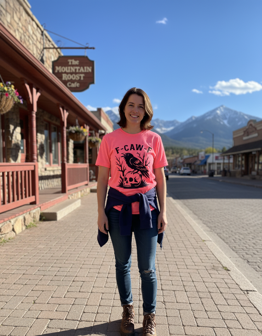 "F-CAW-F" Crow on Skull Graphic T-Shirt (Neon Pink)