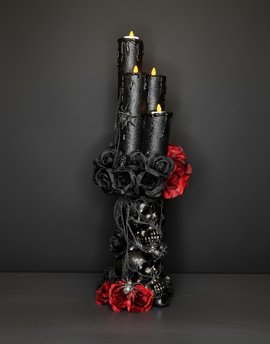 Gothic Skull and Rose Black Flickering Candle Centerpiece