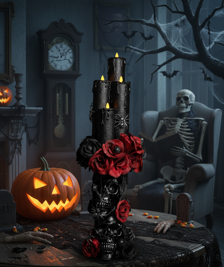 Gothic Skull and Rose Black Flickering Candle Centerpiece