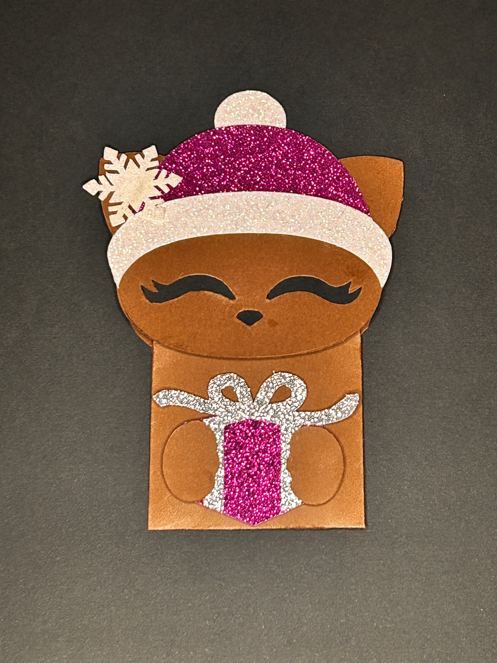 Adorable Winter Cat Gift Card Holder (Pink Glitter Hat)
