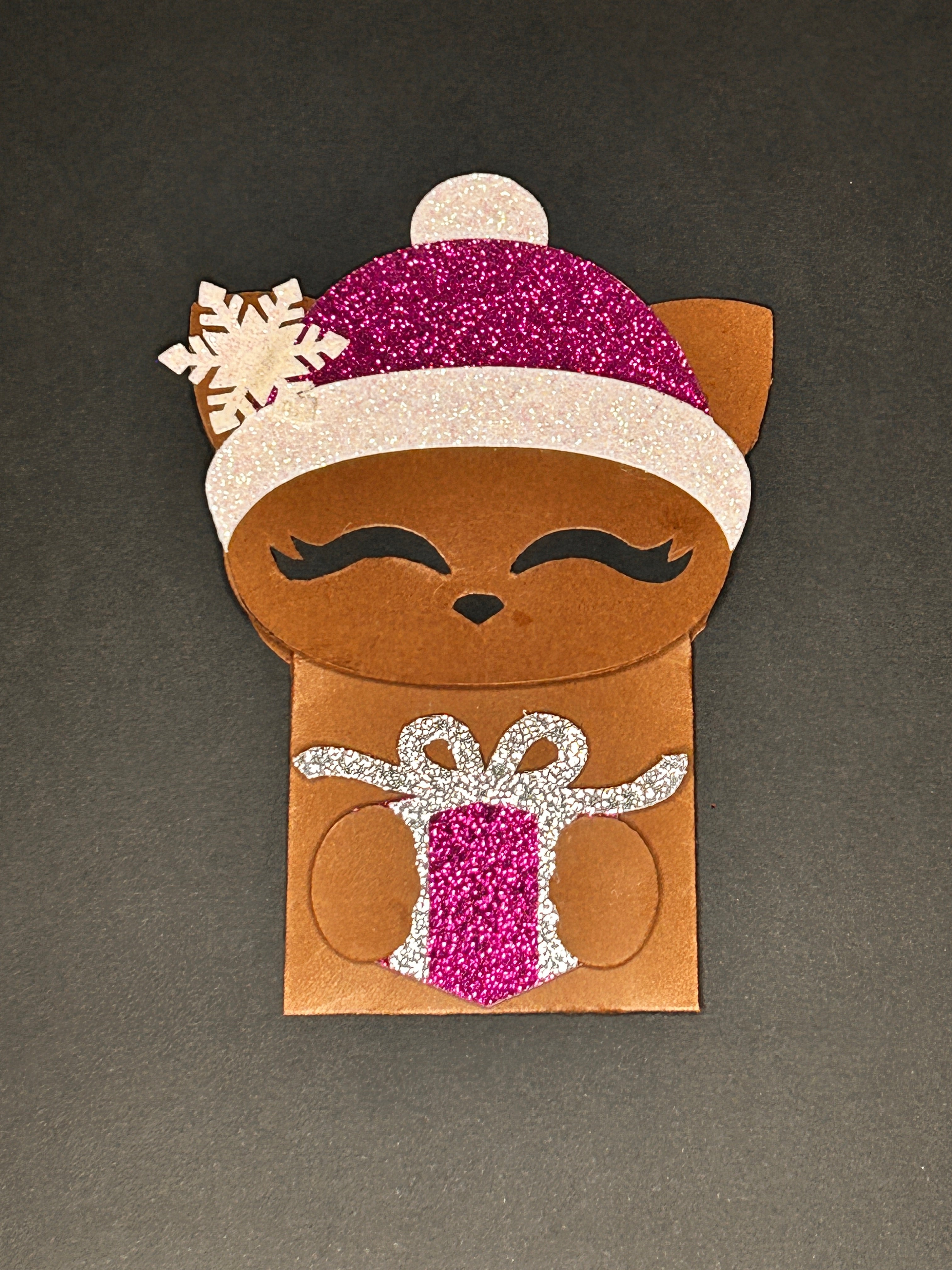 Adorable Winter Cat Gift Card Holder (Pink Glitter Hat)