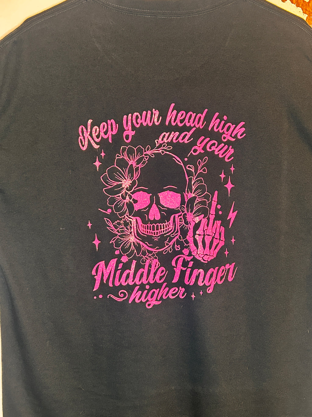 Middle Finger Higher" Skull & Floral Back Graphic T-Shirt